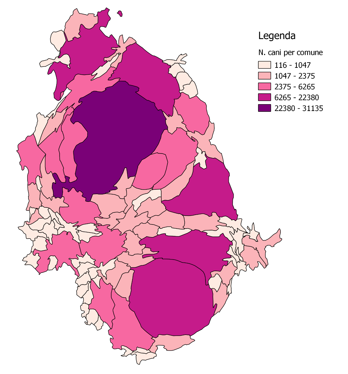 Figura 2: Cartogramma del numero di cani per comune Tabella 1: distribuzione del numero di cani per comune Comune N.