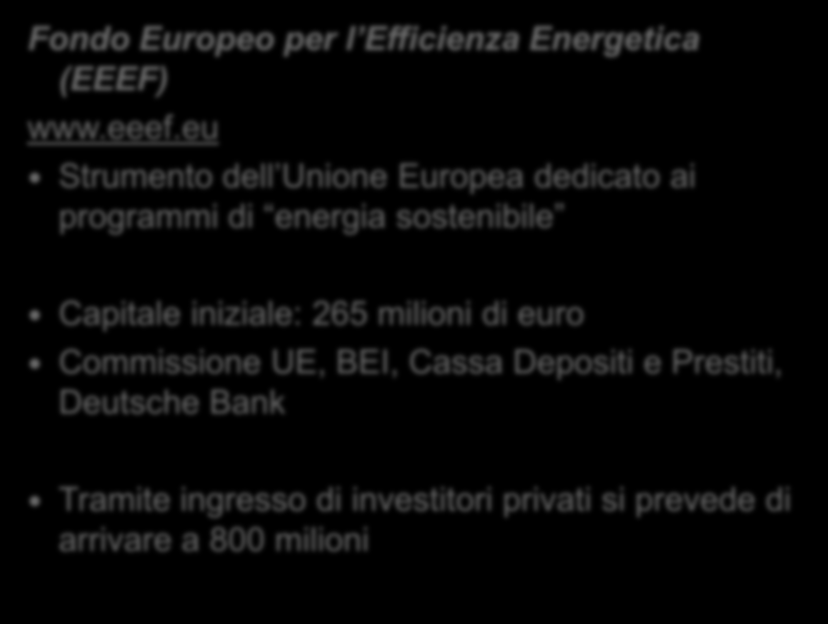 Iniziative europee: EEEF Fondo Europeo per l Efficienza Energetica (EEEF) www.eeef.