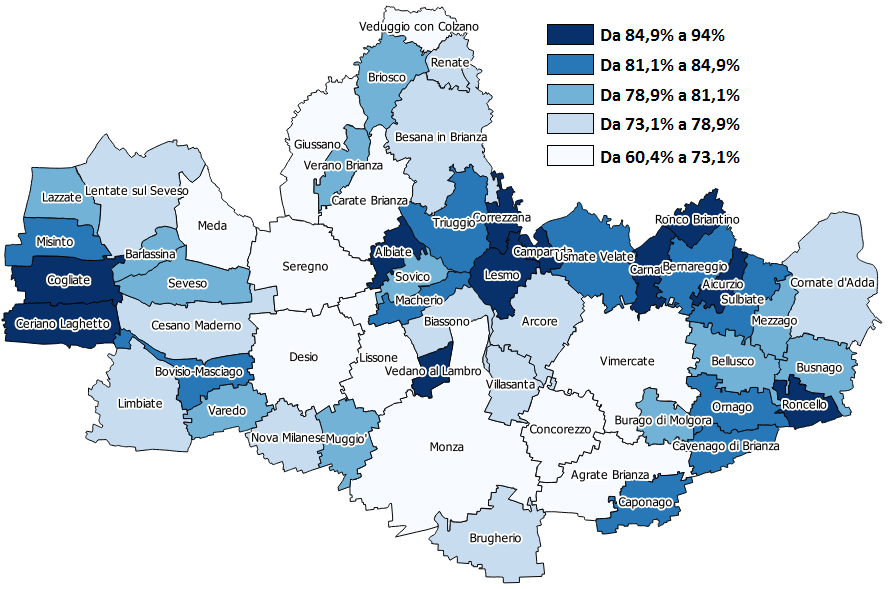 Mappa 1: Flussi per lavoro fuori dal comune di residenza in % sul totale dei residenti che si sposta per lavoro 4 La situazione nei 10 maggiori comuni della Brianza è quella esemplificata nella