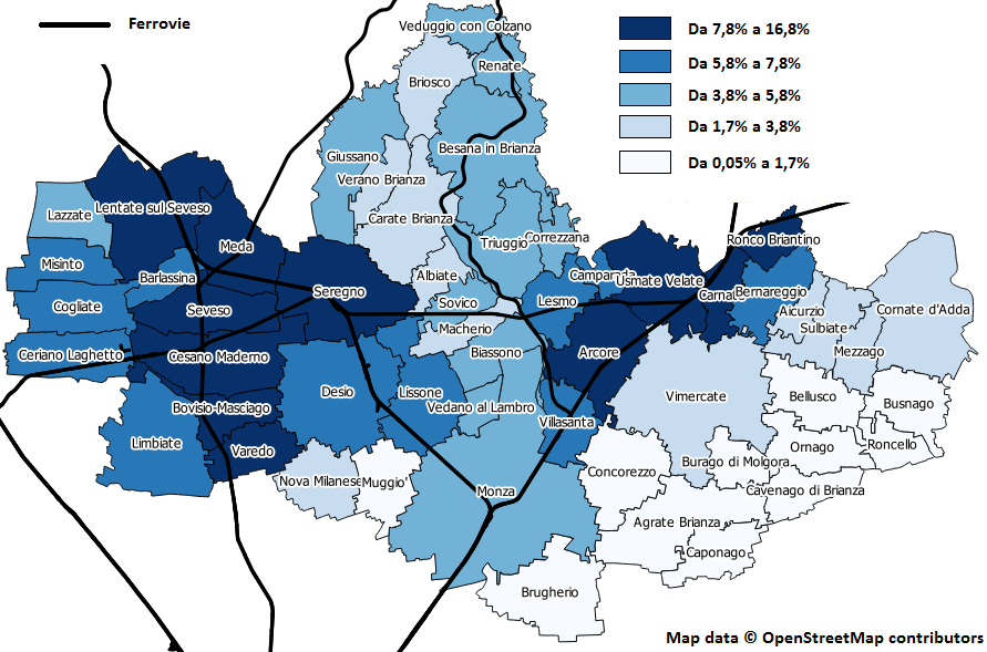 quelli in cui il treno è comunque molto usato torniamo vicino a Carnate, in particolare a Ronco Briantino (8,8%) e Usmate