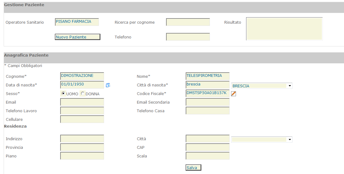 2. Arruolamento del Paziente (2/4) Inserire i seguenti dati OBBLIGATORI: Cognome, Nome, Data di Nascita, Città di