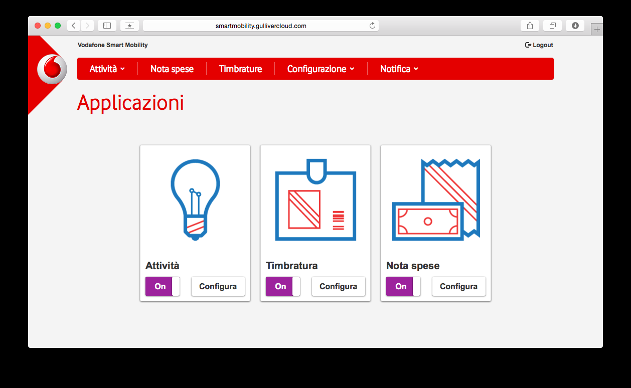 Le tre applicazioni disponibili (Attività, Timbratura e Nota spese) possono essere attivate o disattivate tramite l apposito pulsante