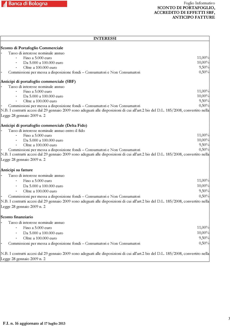 2 Anticipi di portafoglio commerciale (Delta Fido) - Tasso di interesse nominale annuo entro il fido N.B. I contratti accesi dal 29 gennaio 2009 sono adeguati alle disposizioni di cui all'art.