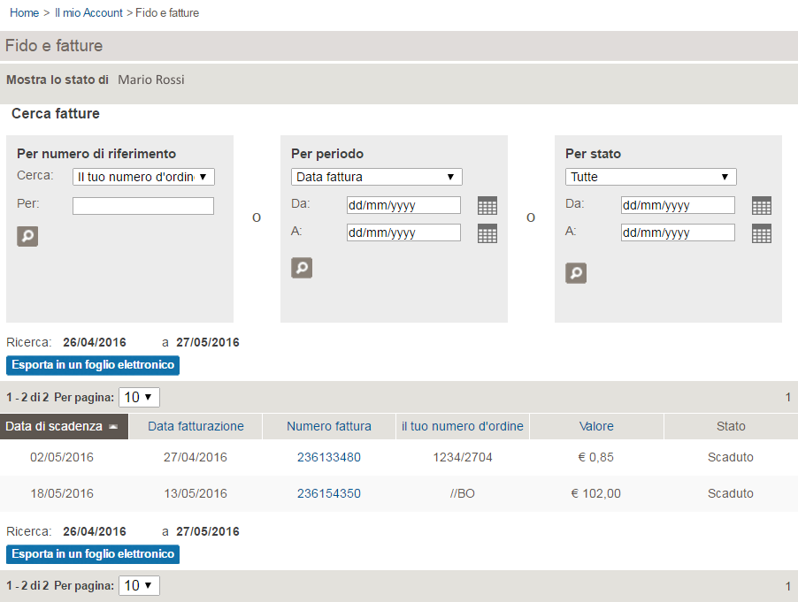 Status dell Ordine. 3. Cliccate sul Numero dell ordine per vedere i dettagli. Fatture 1. Il mio Account > Fido e fatture 2.