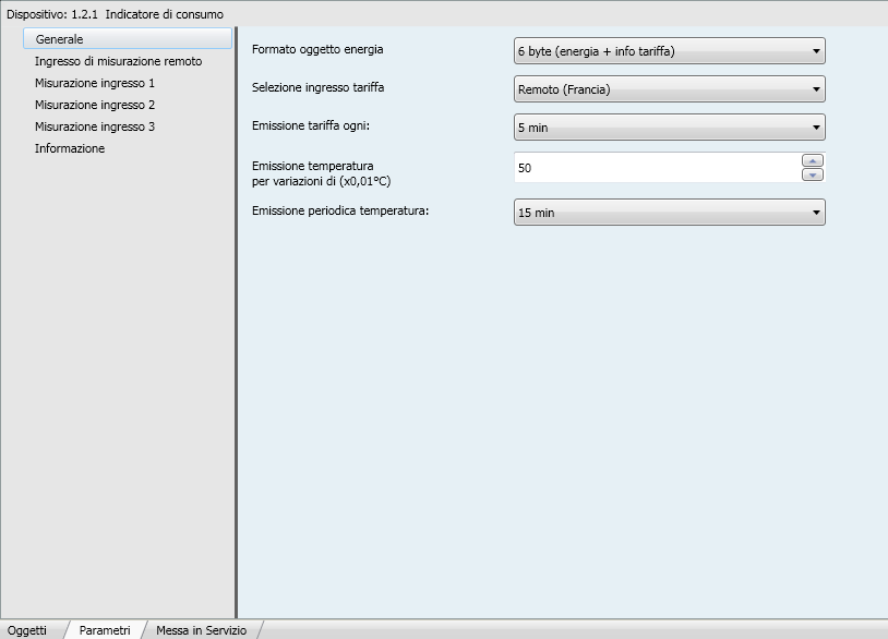 3.2 Parametri generali Schermata di parametraggio Parametri Designazione Funzione Valore Formato oggetto energia Selezione ingresso tariffa Emissione tariffa ogni Emissione temperatura per variazioni