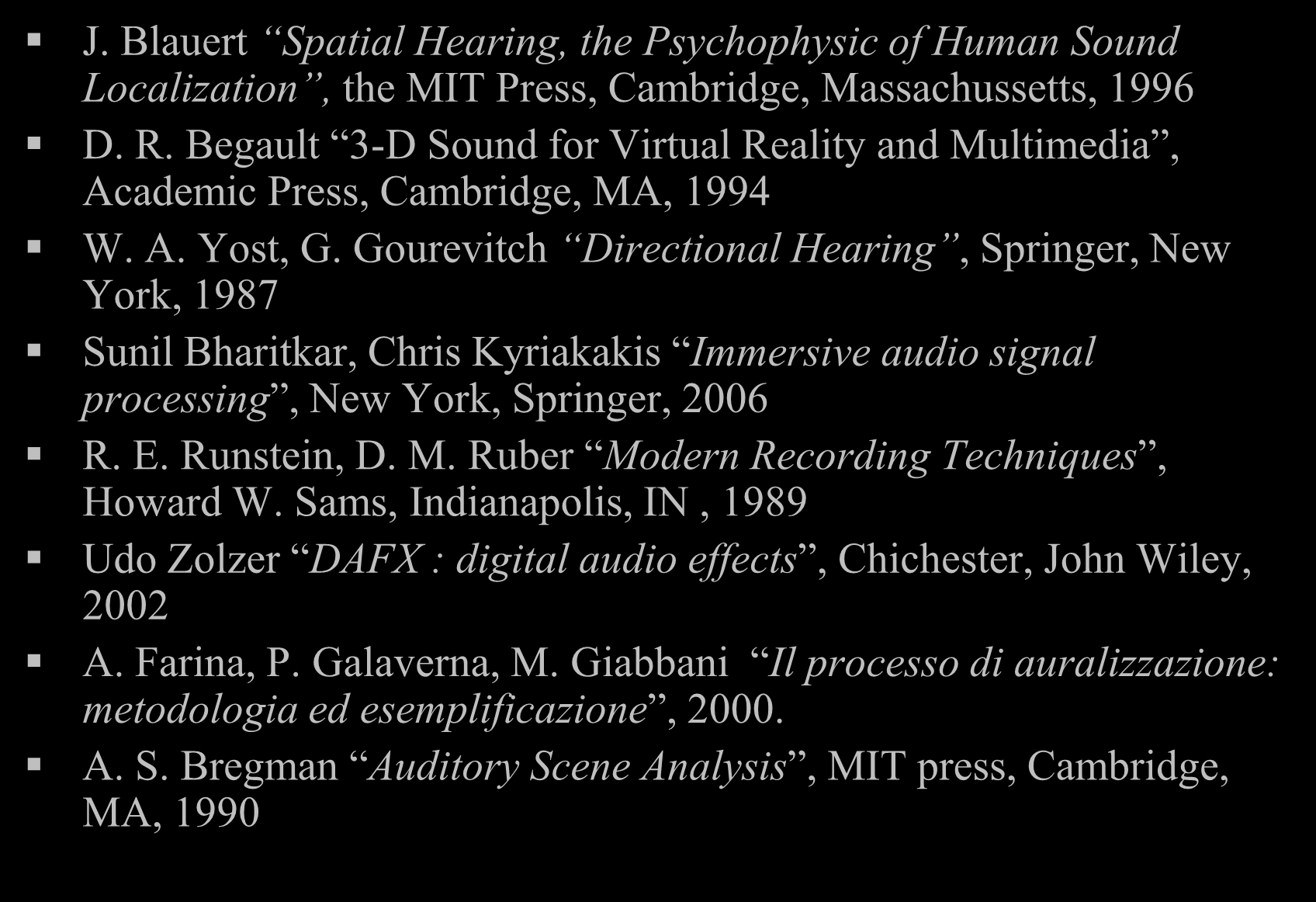 BREVE BIBLIOGRAFIA J. Blauert Spatial Hearing, the Psychophysic of Human Sound Localization, the MIT Press, Cambridge, Massachussetts, 1996 D. R.