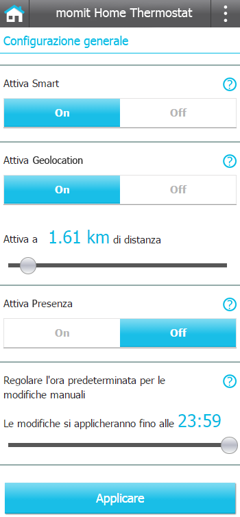 3.5 Configurazione generale In questa schermata si possono attivare o disattivare le configurazione Smart, Geolocalizzazione e Presence.