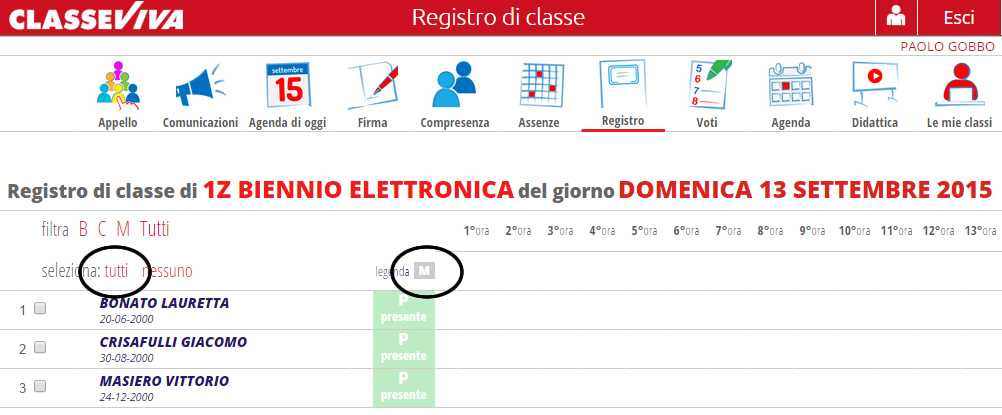 13 Nota disciplinare di classe Selezionare tutti gli studenti selezionare la voce Tutti sopra l elenco degli studenti selezionare la voce M sopra lo stato degli studenti che indica