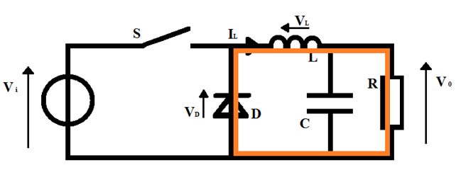 Fig. 2.2 Stato ON Convertitore Buck Il diodo è interdetto e si comporta come un circuito aperto. L induttore è connesso al generatore V i ed inizia a caricarsi.