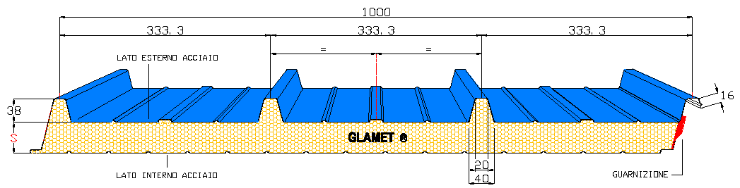GLAMET DESCRIZIONE Pannello metallico autoportante coibentato con schiuma poliuretanica indicato per la realizzazione di coperture di fabbricati industriali e civili con pendenza superiore al 7%.