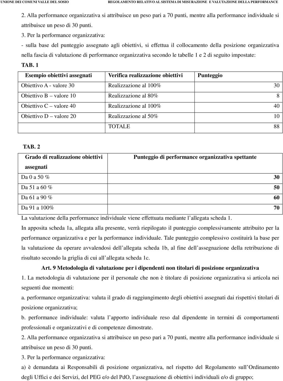 Per la performance organizzativa: - sulla base del punteggio assegnato agli obiettivi, si effettua il collocamento della posizione organizzativa nella fascia di valutazione di performance