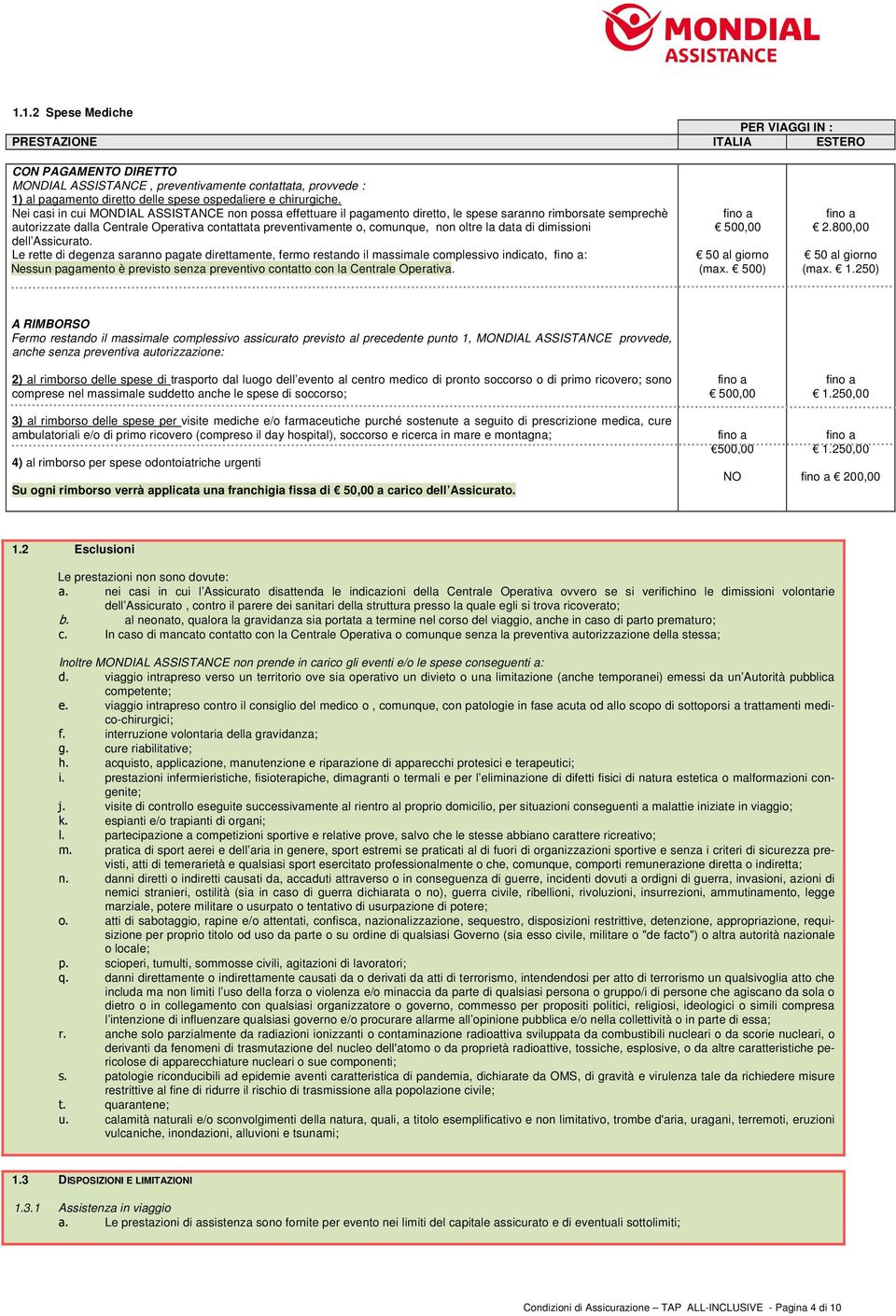 Nei casi in cui MONDIAL ASSTANCE non possa effettuare il pagamento diretto, le spese saranno rimborsate semprechè autorizzate dalla Centrale Operativa contattata preventivamente o, comunque, non