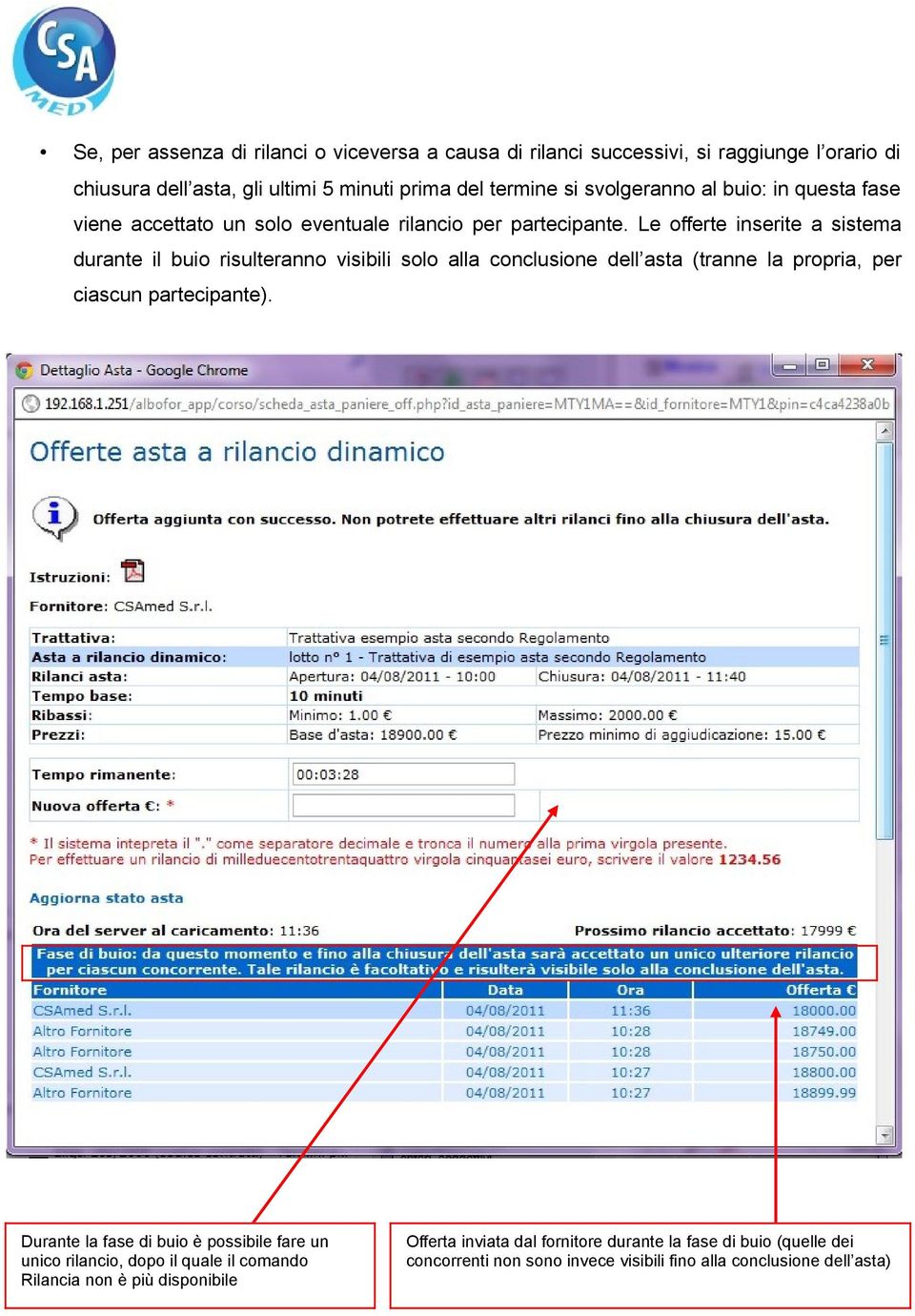 Le offerte inserite a sistema durante il buio risulteranno visibili solo alla conclusione dell asta (tranne la propria, per ciascun partecipante).