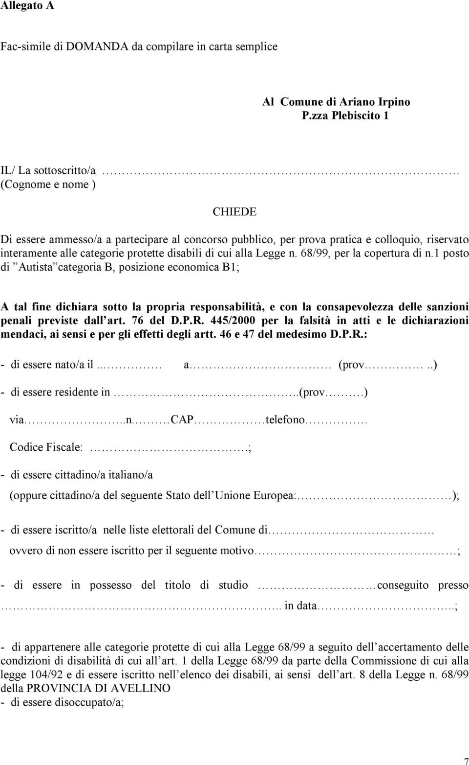 disabili di cui alla Legge n. 68/99, per la copertura di n.