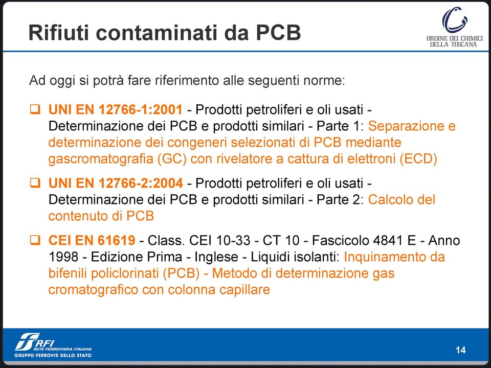 petroliferi e oli usati - ) Determinazione dei PCB e prodotti similari - Parte 2: Calcolo del contenuto di PCB CEI EN 61619 - Class.