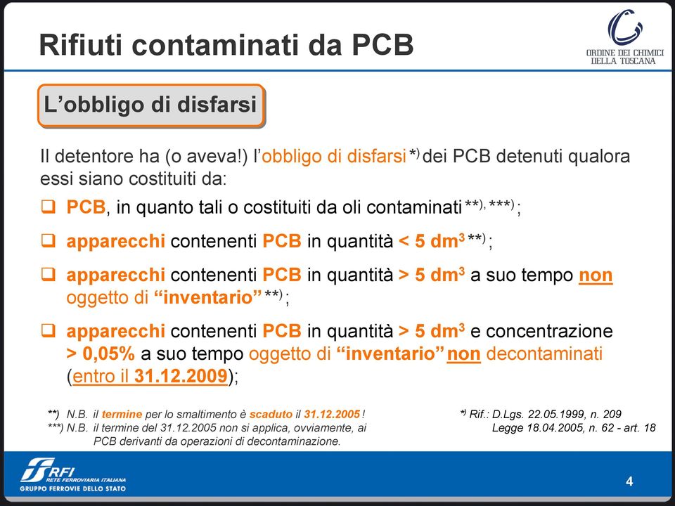 5 dm 3 ** ) ; apparecchi contenenti PCB in quantità > 5 dm 3 a suo tempo non oggetto di inventario ** ) ; apparecchi contenenti PCB in quantità > 5 dm 3 e concentrazione > 0,05% a suo