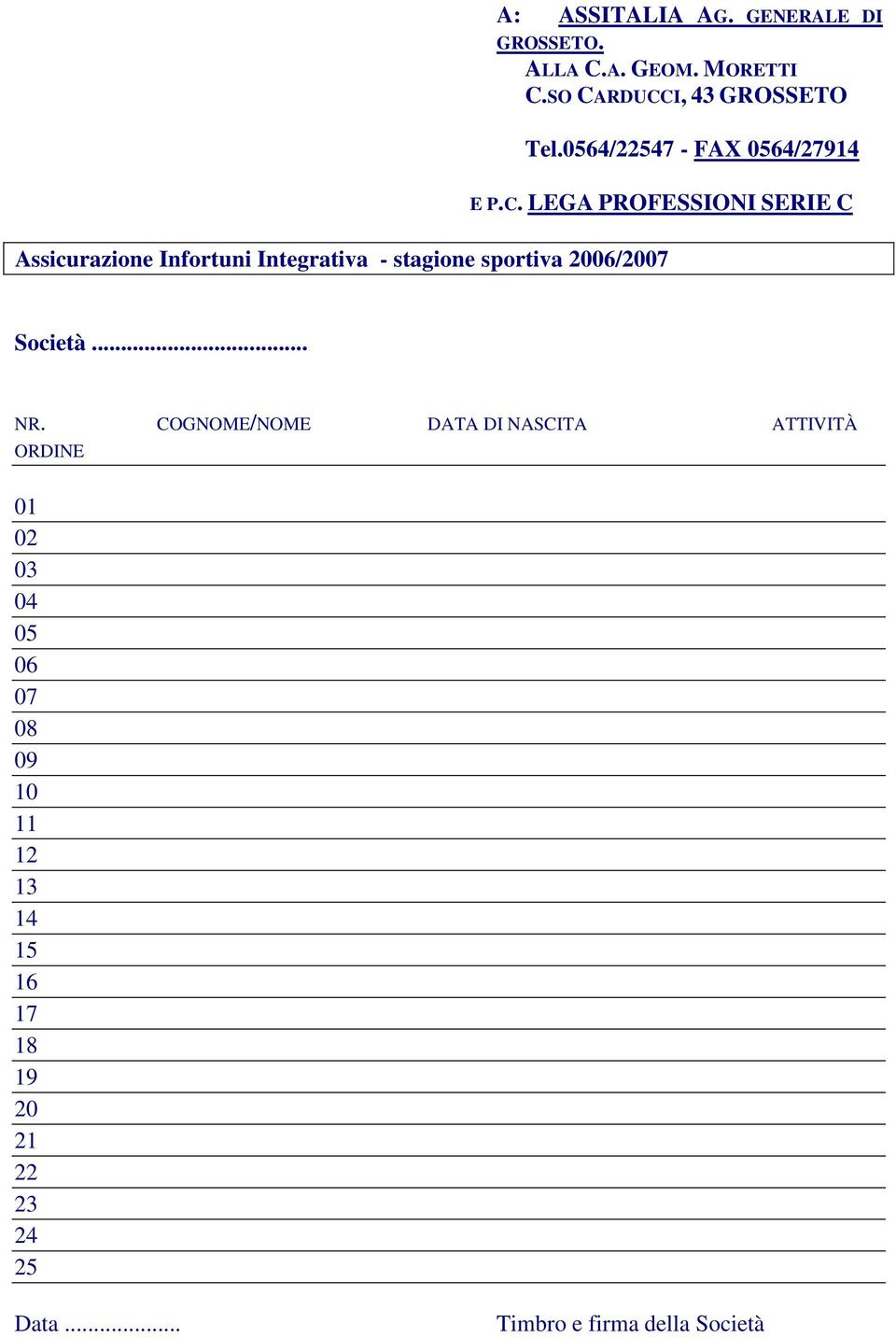 LEGA PROFESSIONI SERIE C Assicurazione Infortuni Integrativa - stagione sportiva 2006/2007