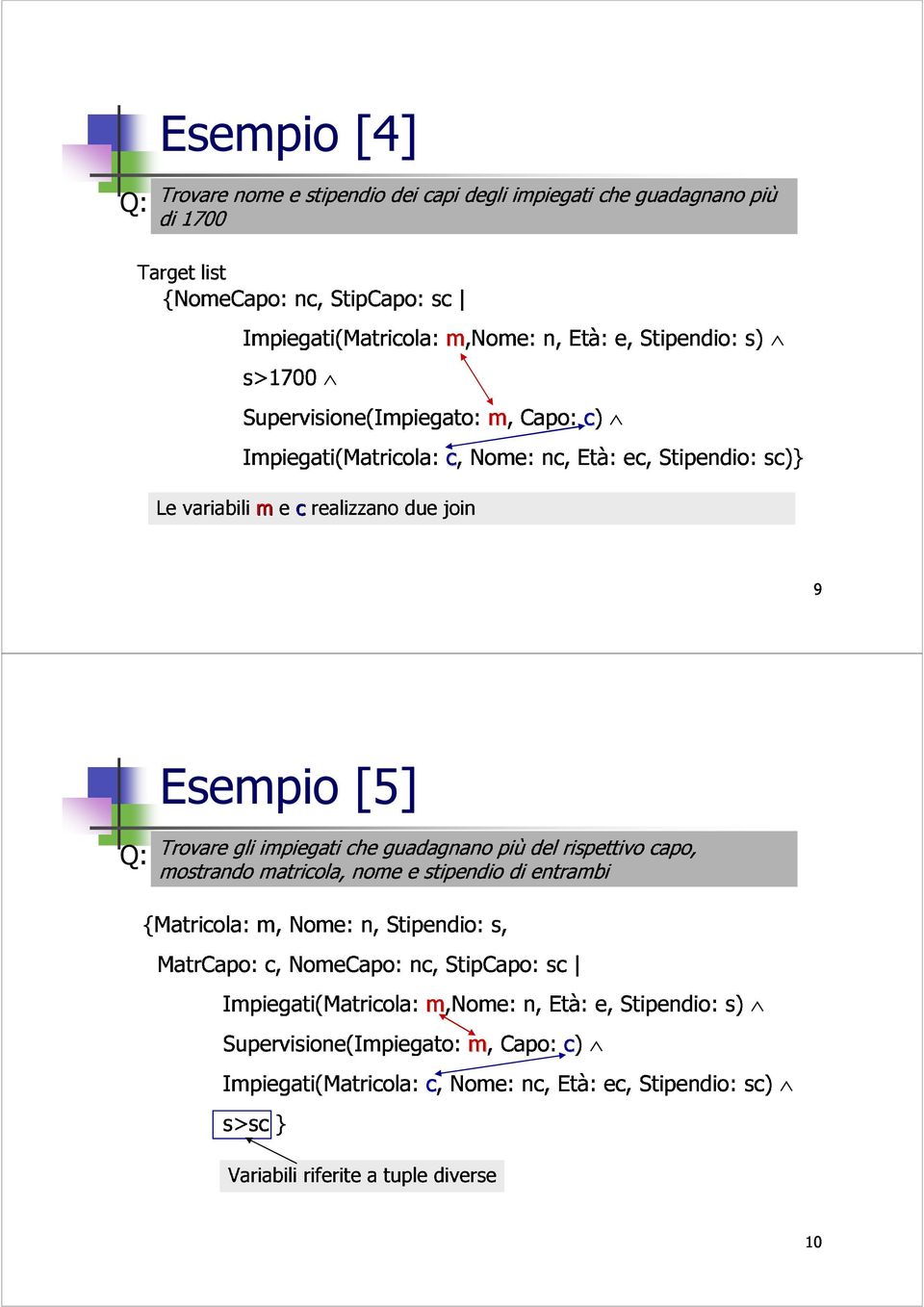 Trovare gli impiegati che guadagnano piùdel rispettivo capo, MatrCapo: mostrando m, matricola, Nome: nome n, Stipendio: e stipendio s, di entrambi c, NomeCapo: [5]