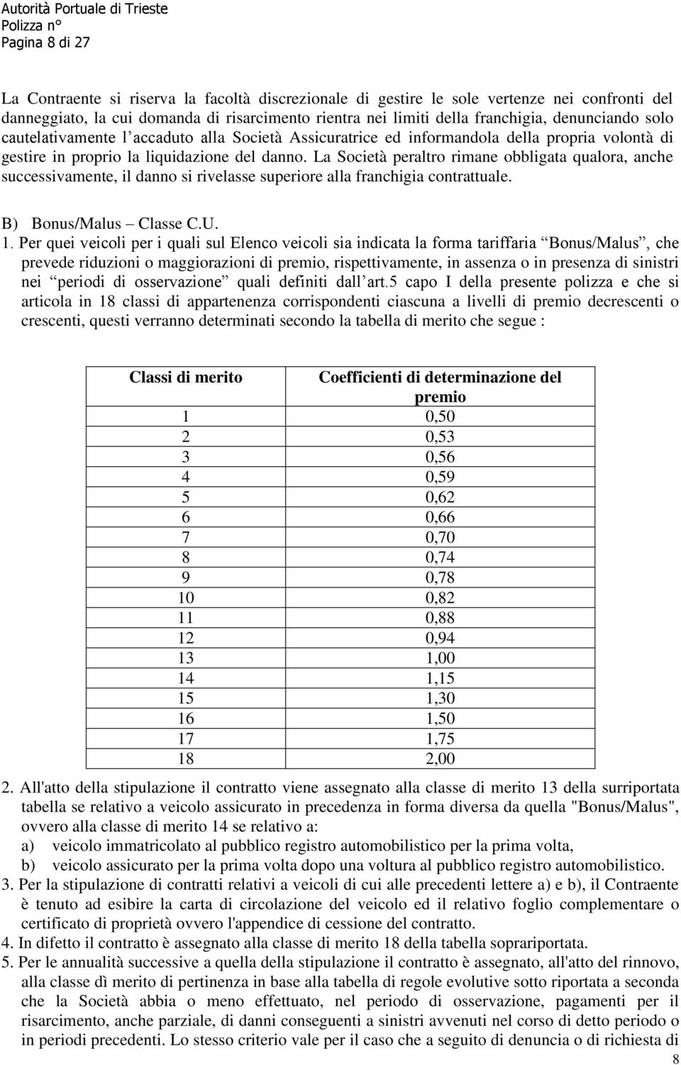 La Società peraltro rimane obbligata qualora, anche successivamente, il danno si rivelasse superiore alla franchigia contrattuale. B) Bonus/Malus Classe C.U. 1.