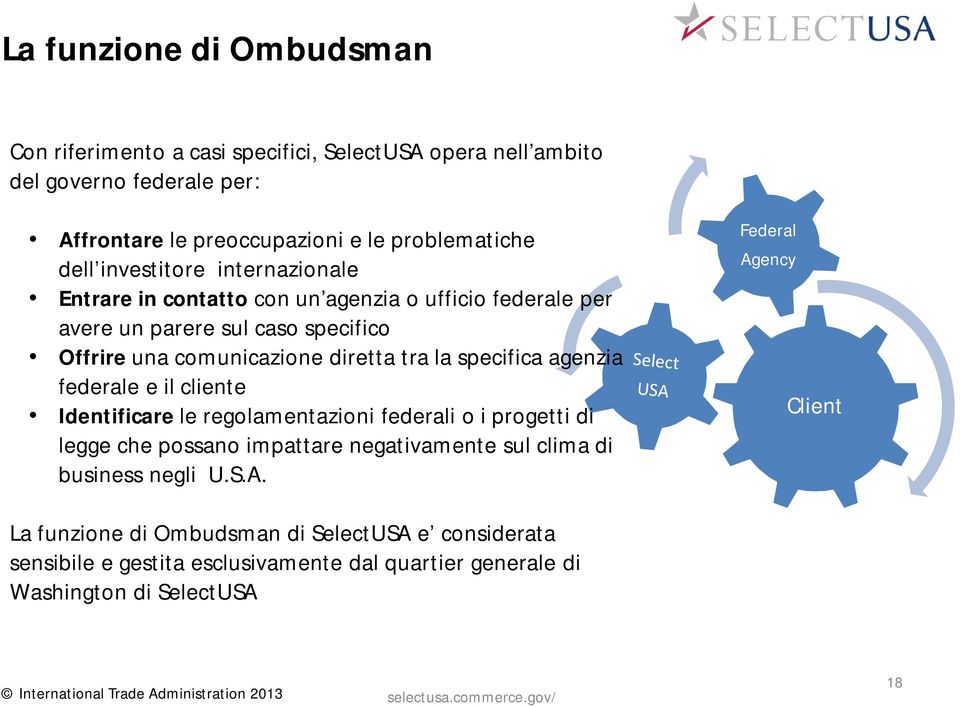 specifica agenzia federale e il cliente Identificare le regolamentazioni federali o i progetti di legge che possano impattare negativamente sul clima di business