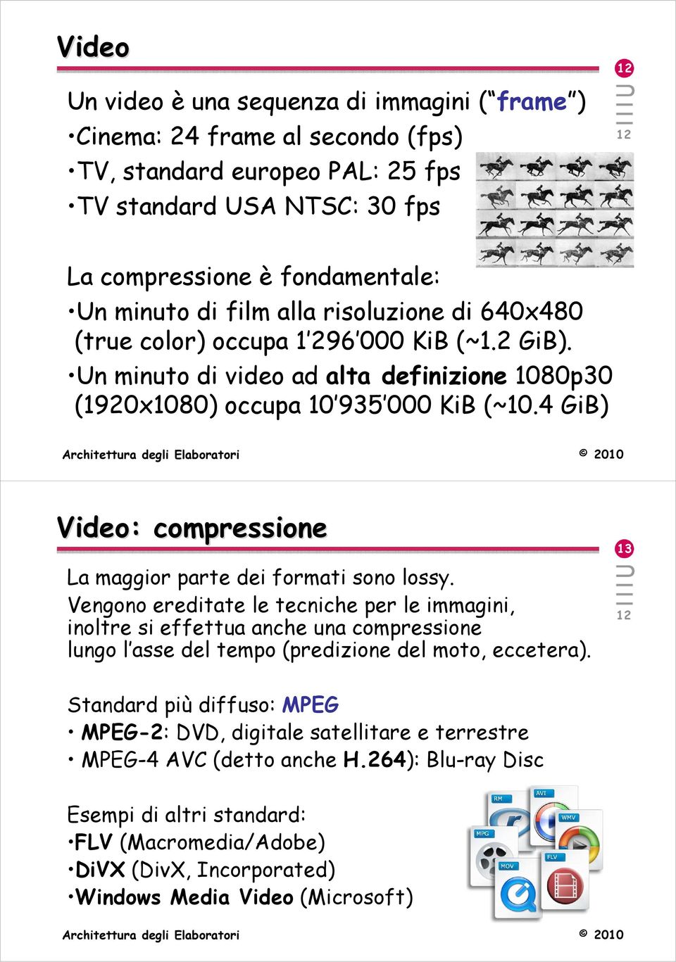 4 GiB) Video: compressione La maggior parte dei formati sono lossy.