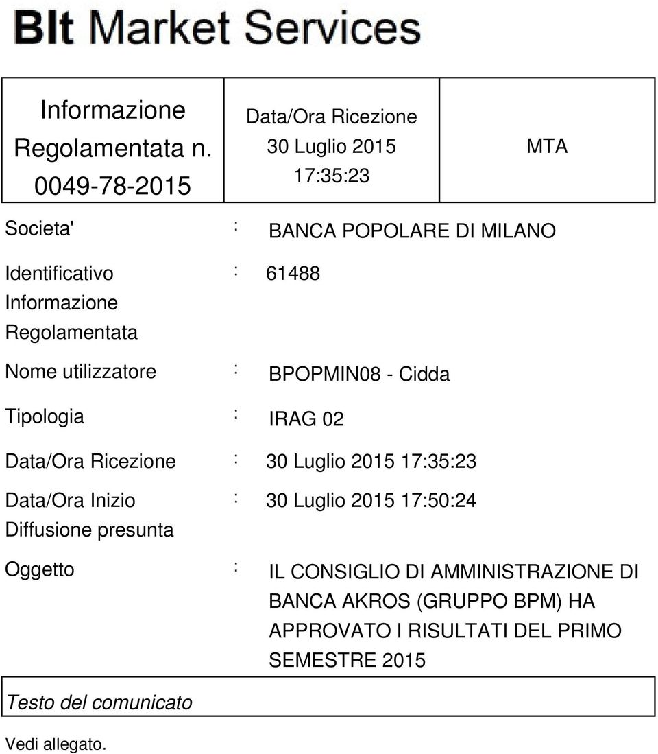 Regolamentata : 61488 Nome utilizzatore : BPOPMIN08 - Cidda Tipologia : IRAG 02 Data/Ora Ricezione : 30 Luglio 2015