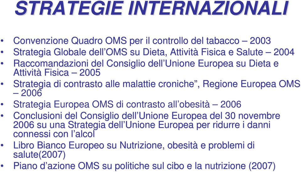 Strategia Europea OMS di contrasto all obesità 2006 Conclusioni del Consiglio dell Unione Europea del 30 novembre 2006 su una Strategia dell Unione Europea