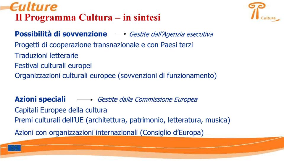 (sovvenzioni di funzionamento) Azioni speciali Gestite dalla Commissione Europea Capitali Europee della cultura Premi