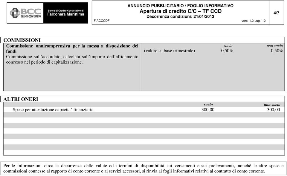 non (valore su base trimestrale) 0,50% 0,50% ALTRI ONERI non Spese per attestazione capacita finanziaria 300,00 300,00 Per le informazioni circa la