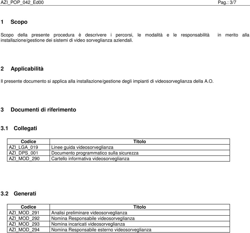 1 Collegati Codice AZI_LGA_019 AZI_DPS_001 AZI_MOD_290 Titolo Linee guida videosorveglianza Documento programmatico sulla sicurezza Cartello informativa videosorveglianza 3.