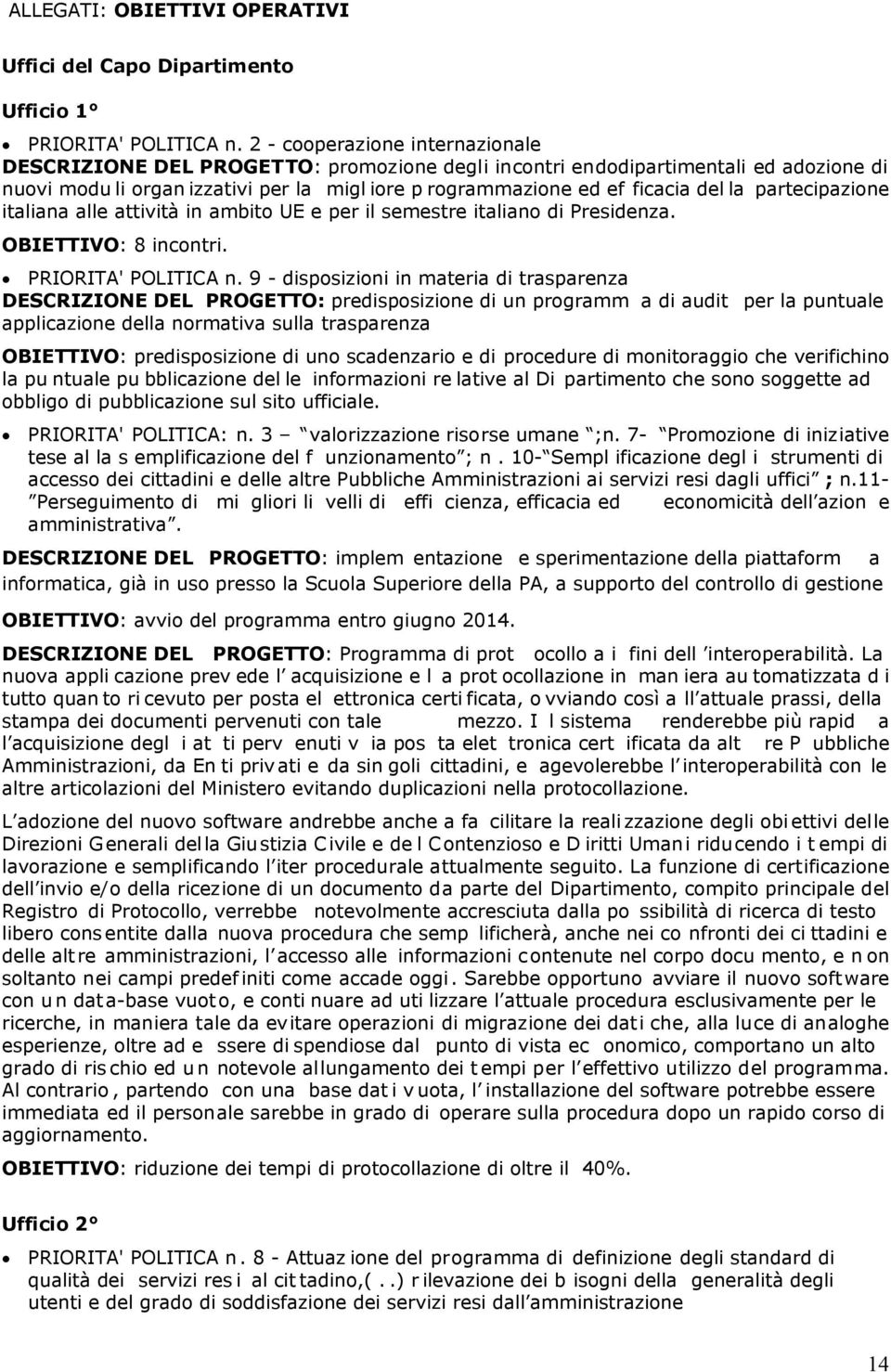 la partecipazione italiana alle attività in ambito UE e per il semestre italiano di Presidenza. OBIETTIVO: 8 incontri. PRIORITA' POLITICA n.