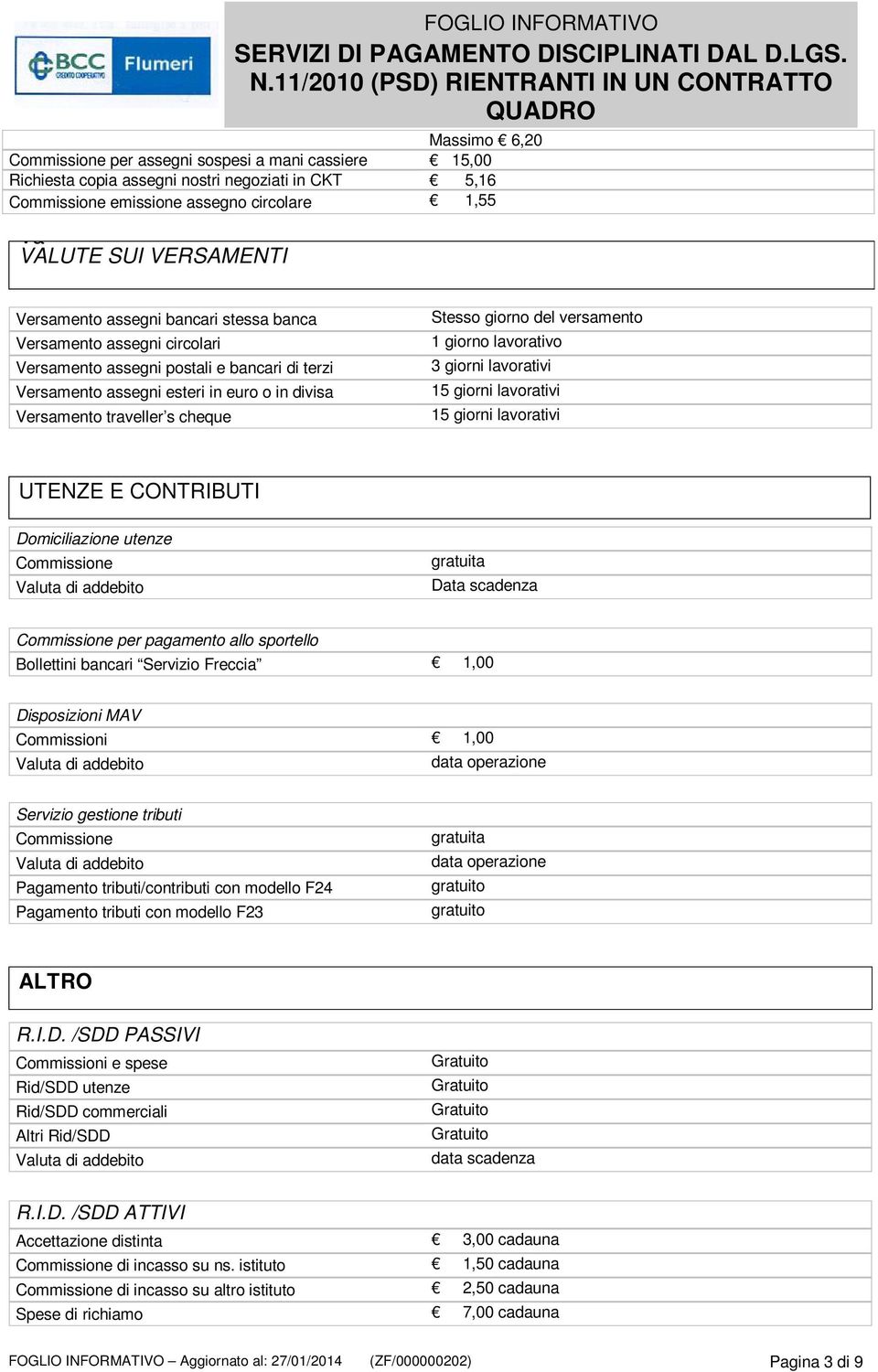 giorno del versamento 1 giorno lavorativo 3 giorni lavorativi 15 giorni lavorativi 15 giorni lavorativi UTENZE E CONTRIBUTI Domiciliazione utenze Commissione gratuita Data scadenza Commissione per