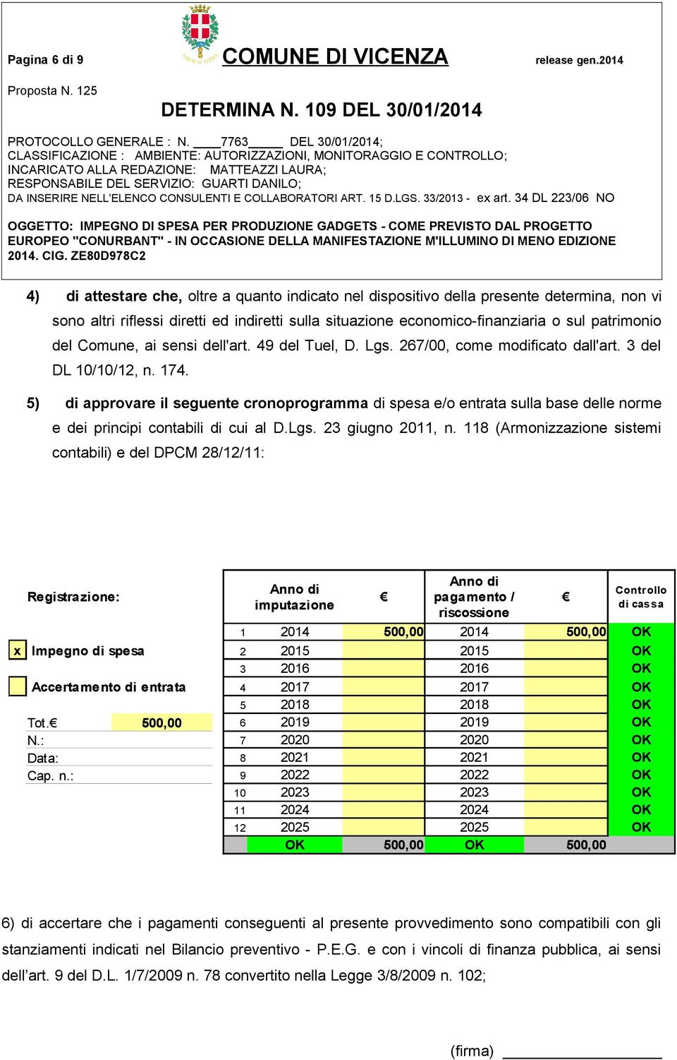 Comune, ai sensi dell'art. 49 del Tuel, D. Lgs. 267/00, come modificato dall'art. 3 del DL 10/10/12, n. 174.