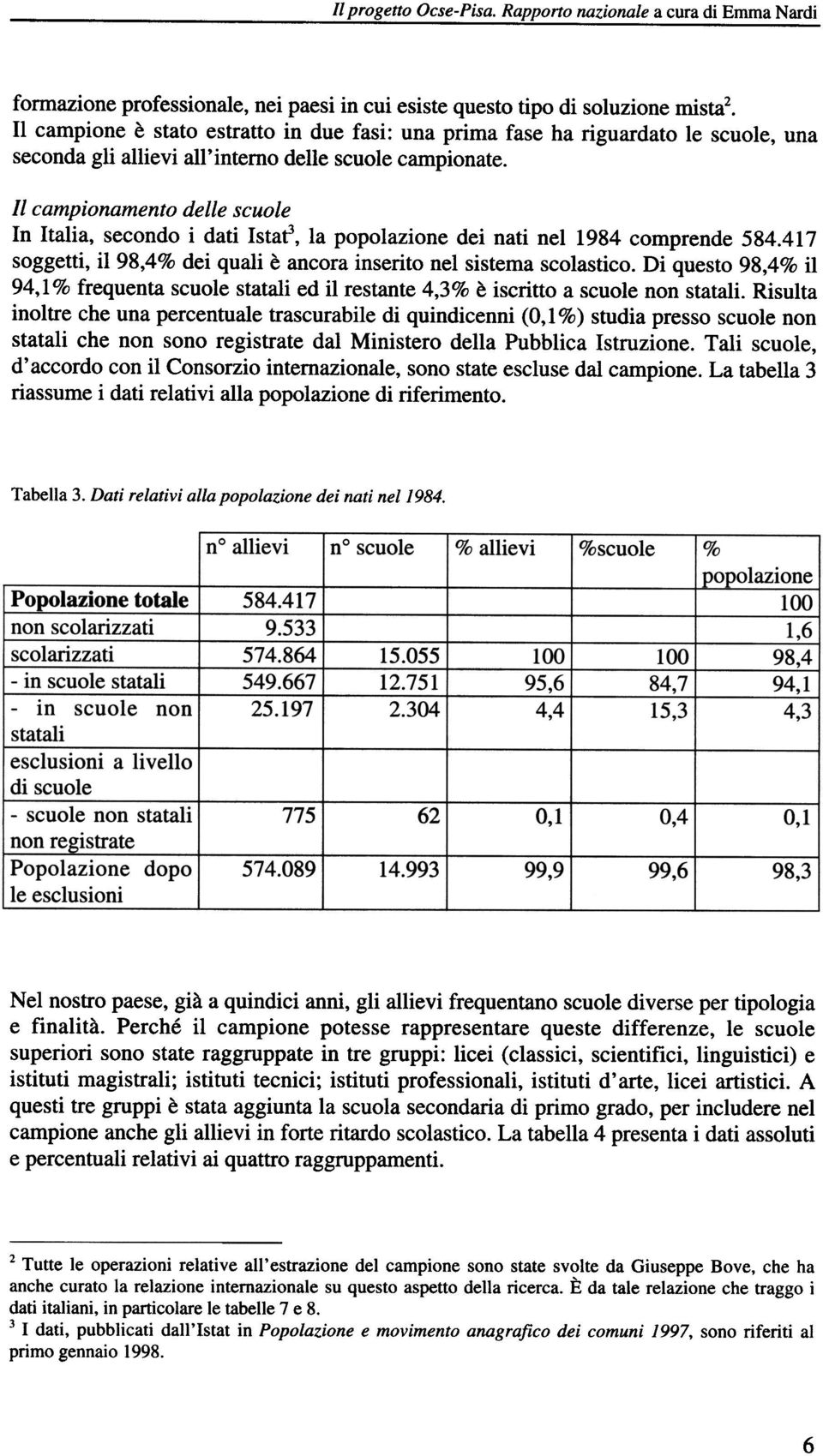 n campionamento delle scuole In Italia, secondo i dati Istaf, la popolazione dei nati nel 1984 comprende 584.417 soggetti, il 98,4% dei quali è ancora inserito nel sistema scolastico.