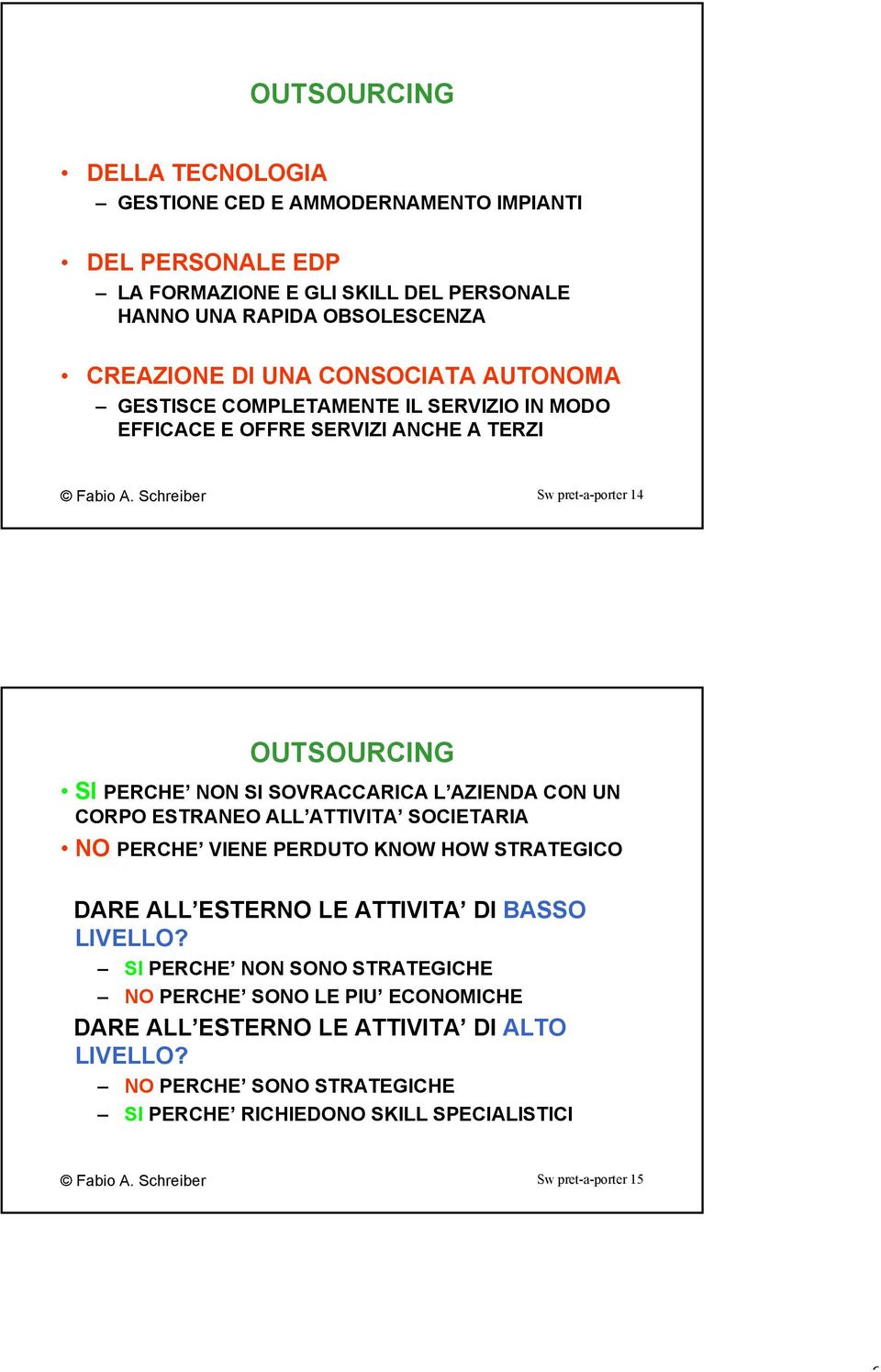 Schreiber Sw pret-a-porter 14 OUTSOURCING SI PERCHE NON SI SOVRACCARICA L AZIENDA CON UN CORPO ESTRANEO ALL ATTIVITA SOCIETARIA NO PERCHE VIENE PERDUTO KNOW HOW STRATEGICO DARE