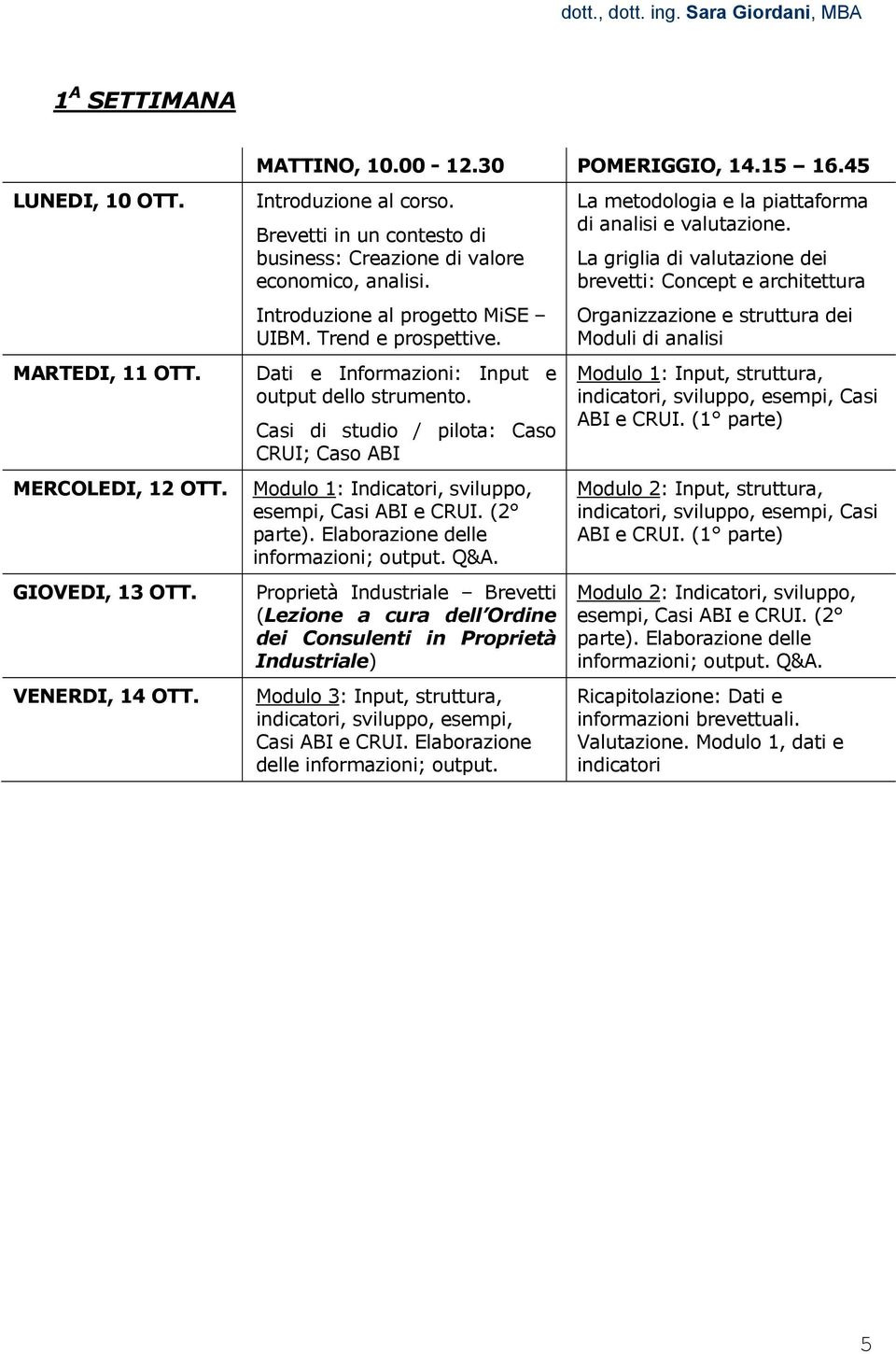 Modulo 1: Indicatori, sviluppo, esempi, Casi ABI e CRUI. (2 parte). Elaborazione delle informazioni; output. Q&A. GIOVEDI, 13 OTT. VENERDI, 14 OTT.