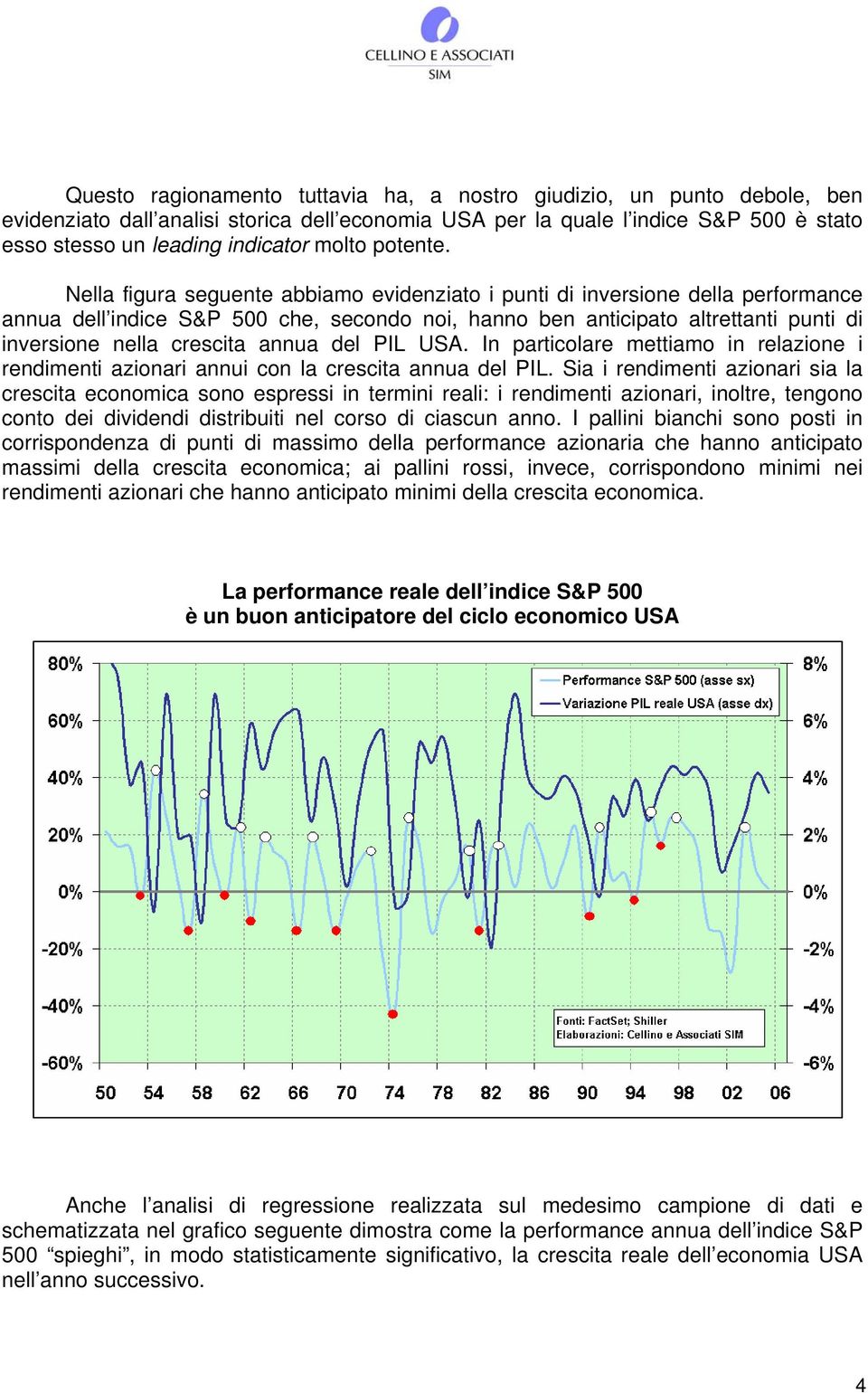 Nella figura seguente abbiamo evidenziato i punti di inversione della performance annua dell indice S&P 500 che, secondo noi, hanno ben anticipato altrettanti punti di inversione nella crescita annua