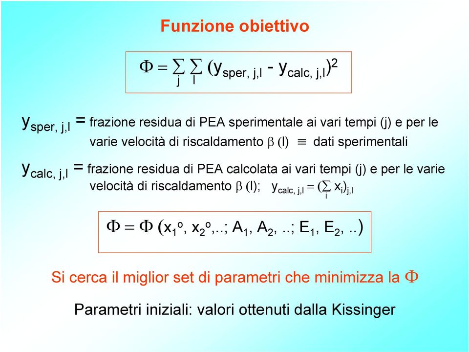 vari tempi (j) e per le varie velocità di riscaldamento β (l); y calc, j,l = ( x i ) j,l i Φ = Φ (x 1o, x 2o,..; A 1, A 2,.