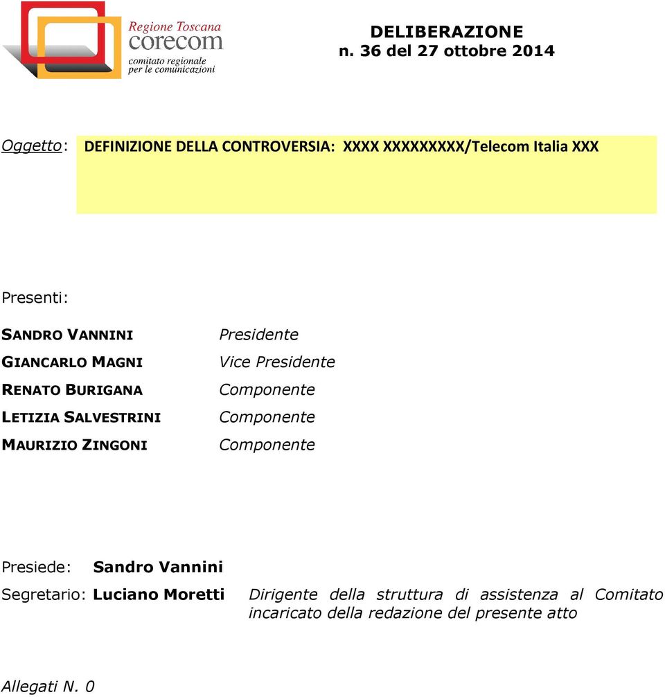 Presidente Componente Componente Componente Presiede: Sandro Vannini Segretario: Luciano Moretti