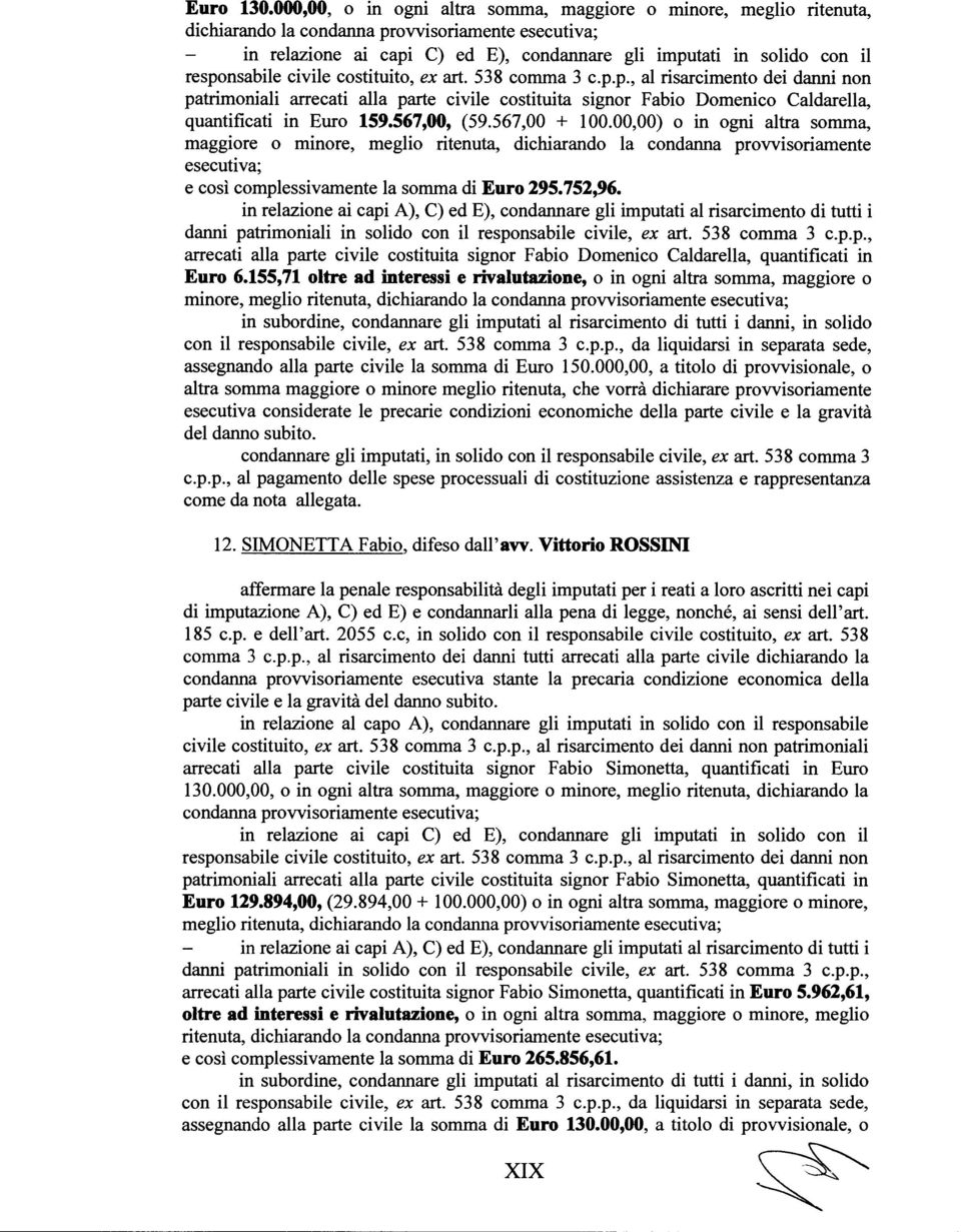 responsabile civile costituito, ex art.538 comma 3 c.p.p., al risarcimento dei danni non patrimoniali arrecati alla parte civile costituita signor Fabio Domenico Caldarella, quantificati in Euro 159.
