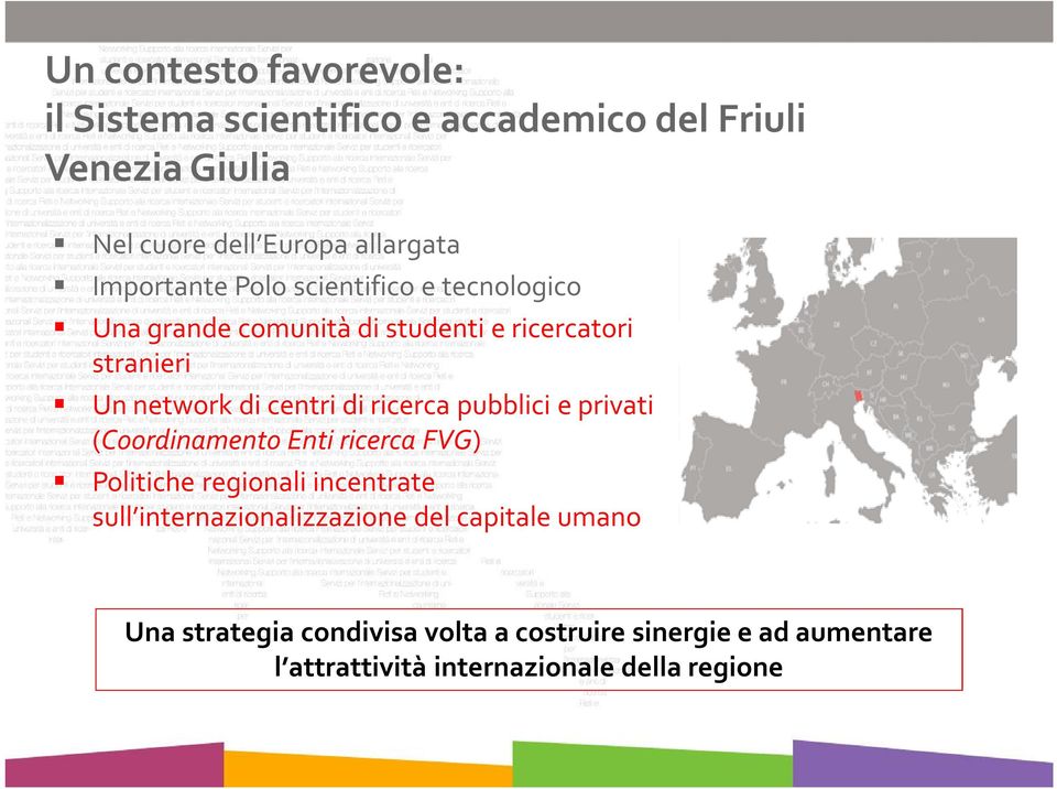 ricerca pubblici e privati (Coordinamento Enti ricerca FVG) Politiche regionali incentrate sull internazionalizzazione