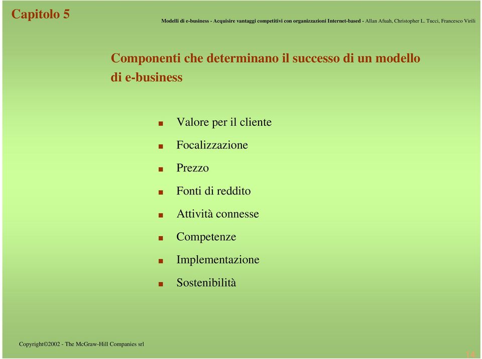 Focalizzazione Prezzo Fonti di reddito Attività