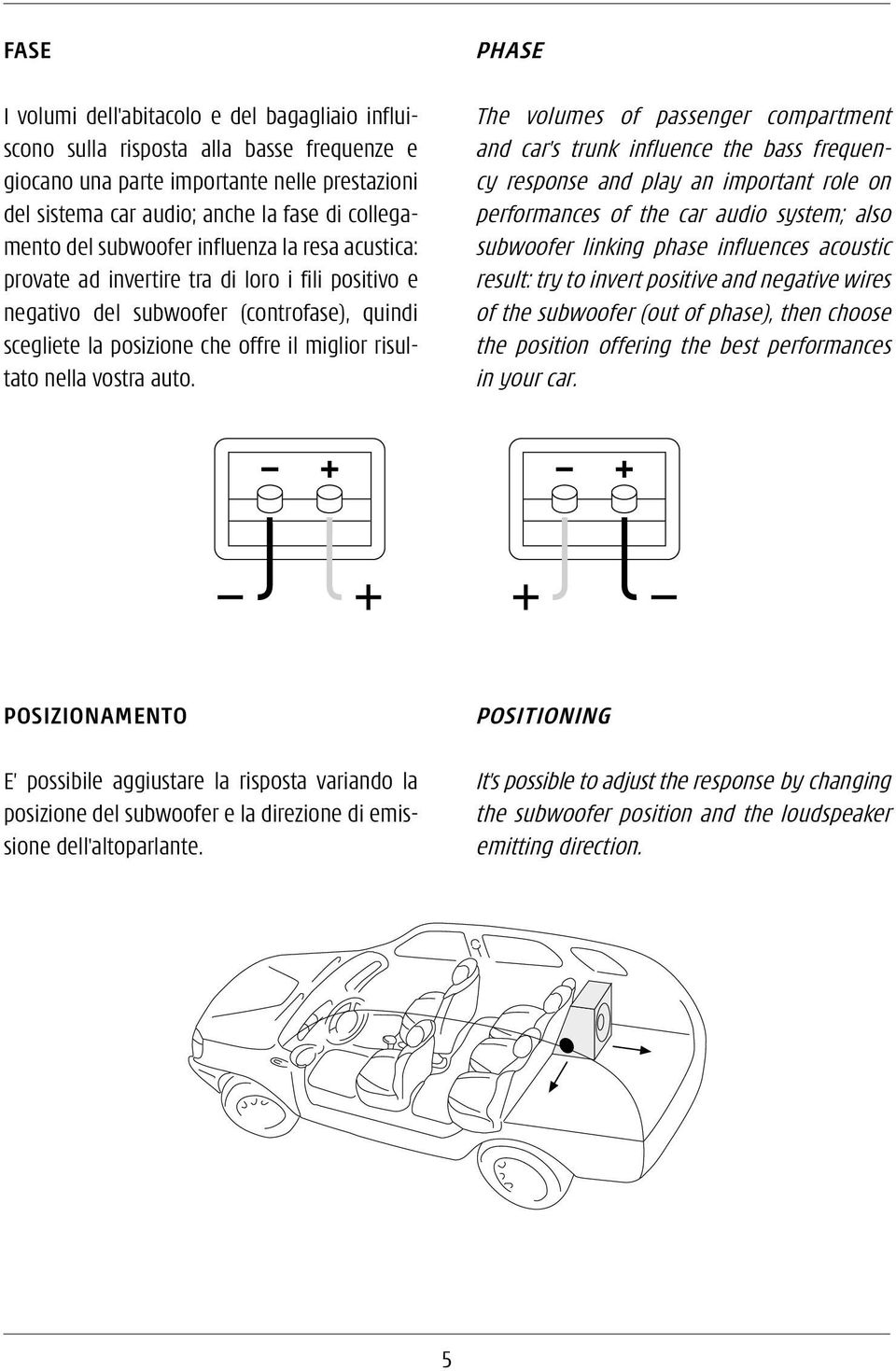 auto. PHASE The volumes of passenger compartment and car's trunk influence the bass frequency response and play an important role on performances of the car audio system; also subwoofer linking phase