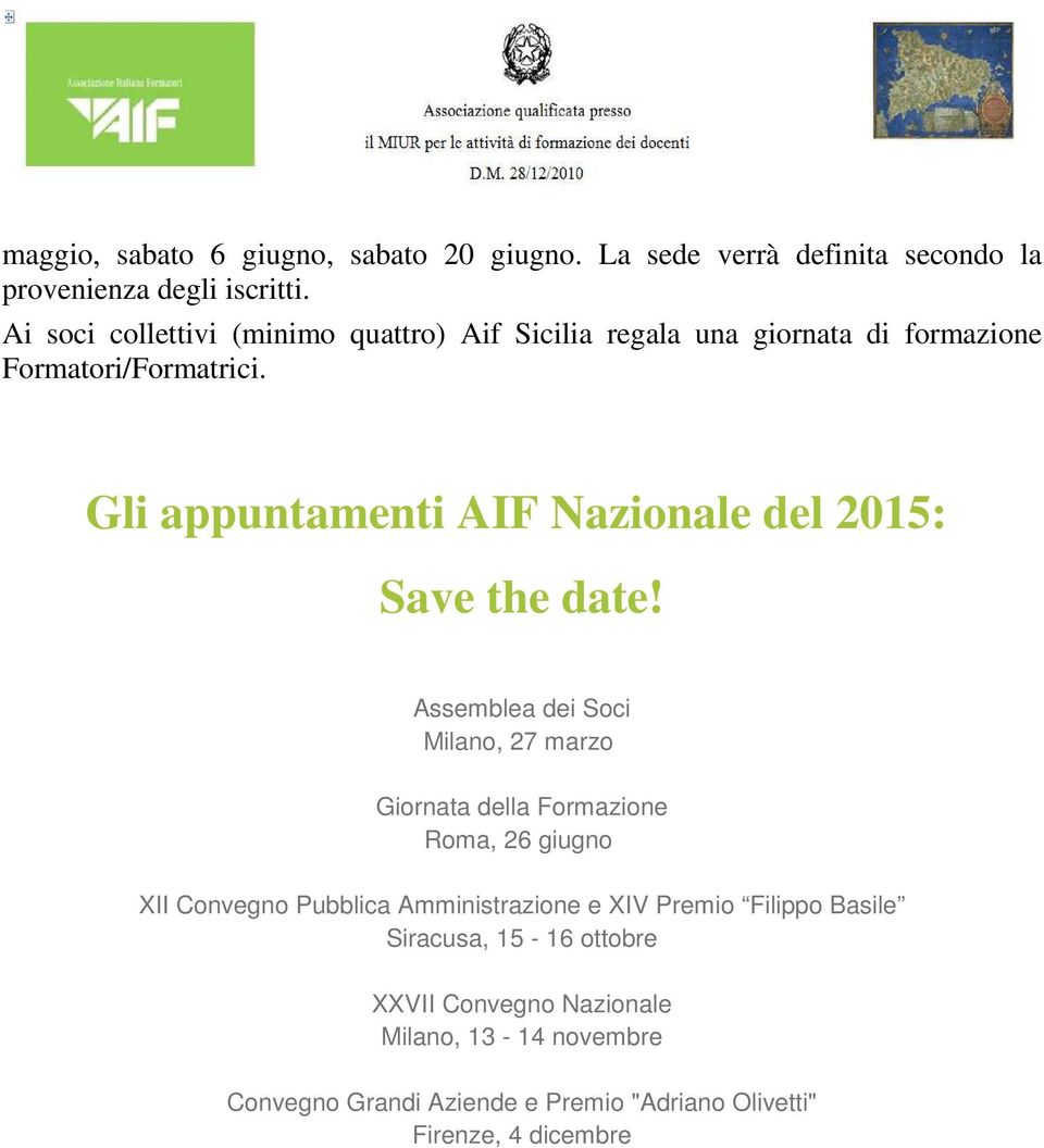 Gli appuntamenti AIF Nazionale del 2015: Save the date!