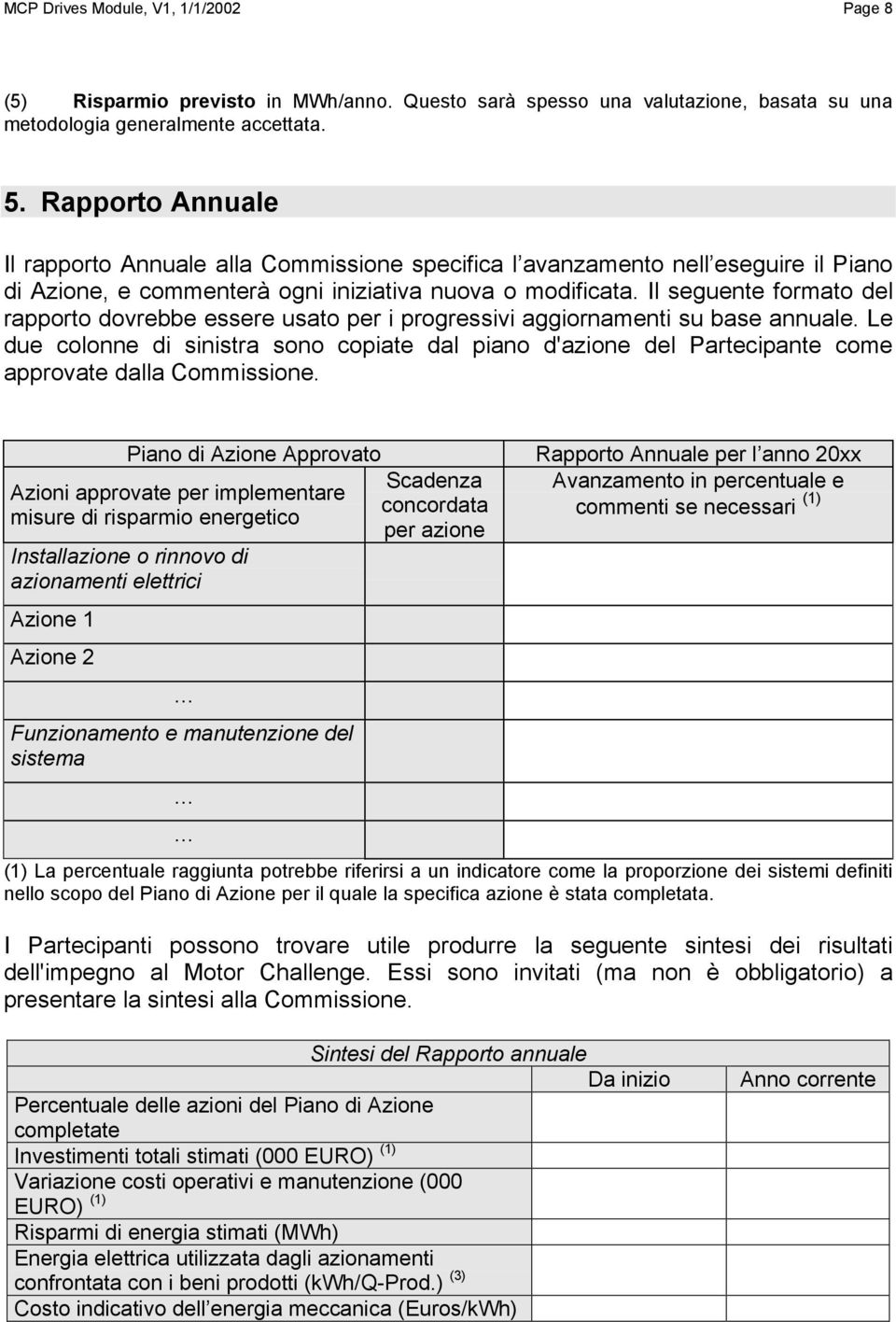 Il seguente formato del rapporto dovrebbe essere usato per i progressivi aggiornamenti su base annuale.