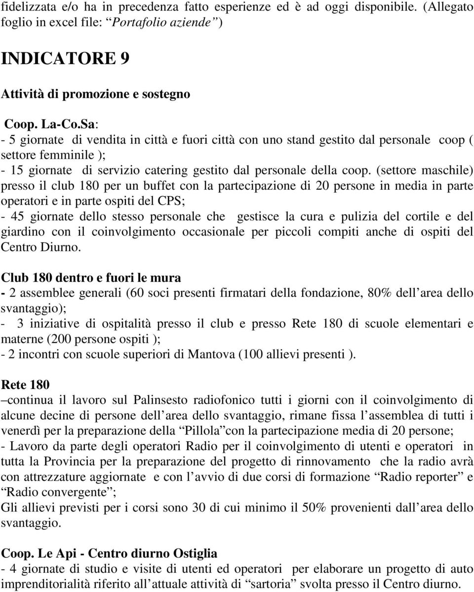 (settore maschile) presso il club 180 per un buffet con la partecipazione di 20 persone in media in parte operatori e in parte ospiti del CPS; - 45 giornate dello stesso personale che gestisce la