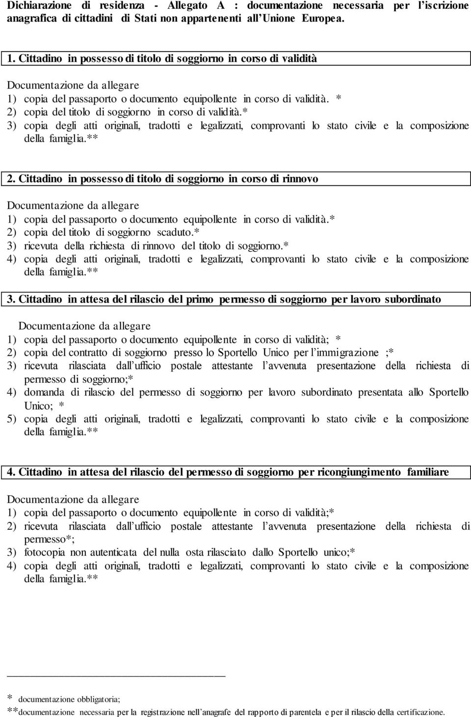 * 2) copia del titolo di soggiorno in corso di validità.* 3) copia degli atti originali, tradotti e legalizzati, comprovanti lo stato civile e la composizione 2.