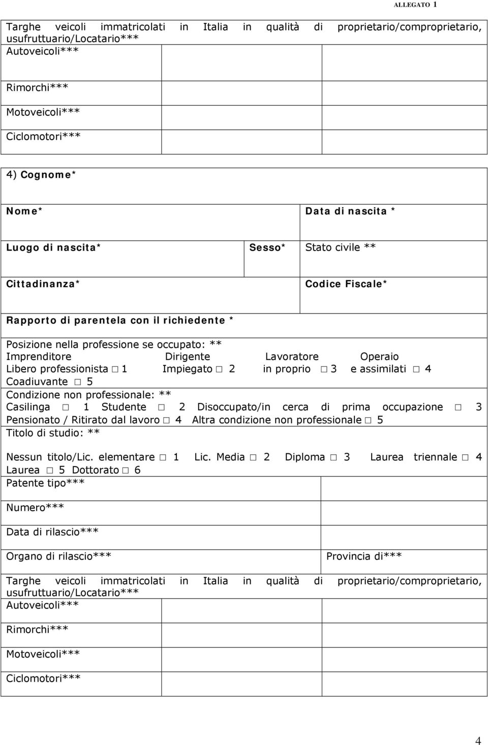 Lavoratore Operaio Libero professionista 1 Impiegato 2 in proprio 3 e assimilati 4 Coadiuvante 5 Condizione non professionale: ** Casilinga 1 Studente 2 Disoccupato/in cerca di prima occupazione 3