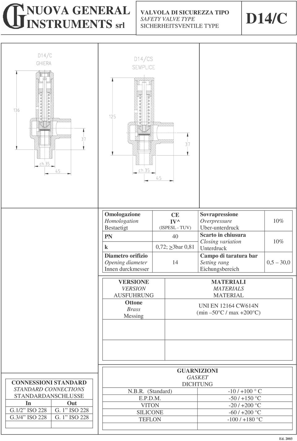 Eichungsbereich MATERIALI MATERIALS MATERIAL UNI EN 12164 CW614N 0,5 30,0 CONNESSIONI STANDARD STANDARD CONNECTIONS STANDARDANSCHLUSSE G.1/2 ISO 228 G.