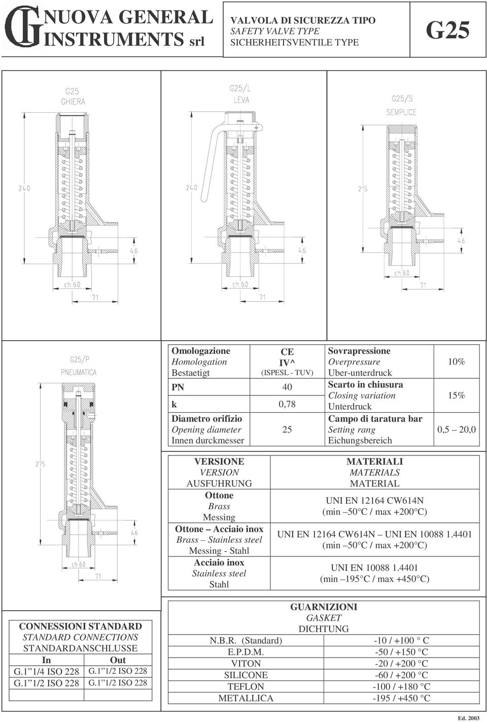 Acciaio inox Stainless steel Stahl MATERIALI MATERIALS MATERIAL UNI EN 12164 CW614N UNI EN 12164 CW614N UNI EN 10088 1.4401 UNI EN 10088 1.